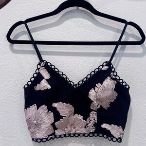 Fashion Nova Pretty Navy Cropped Cami with Champagne Floral Embroidery Feminine